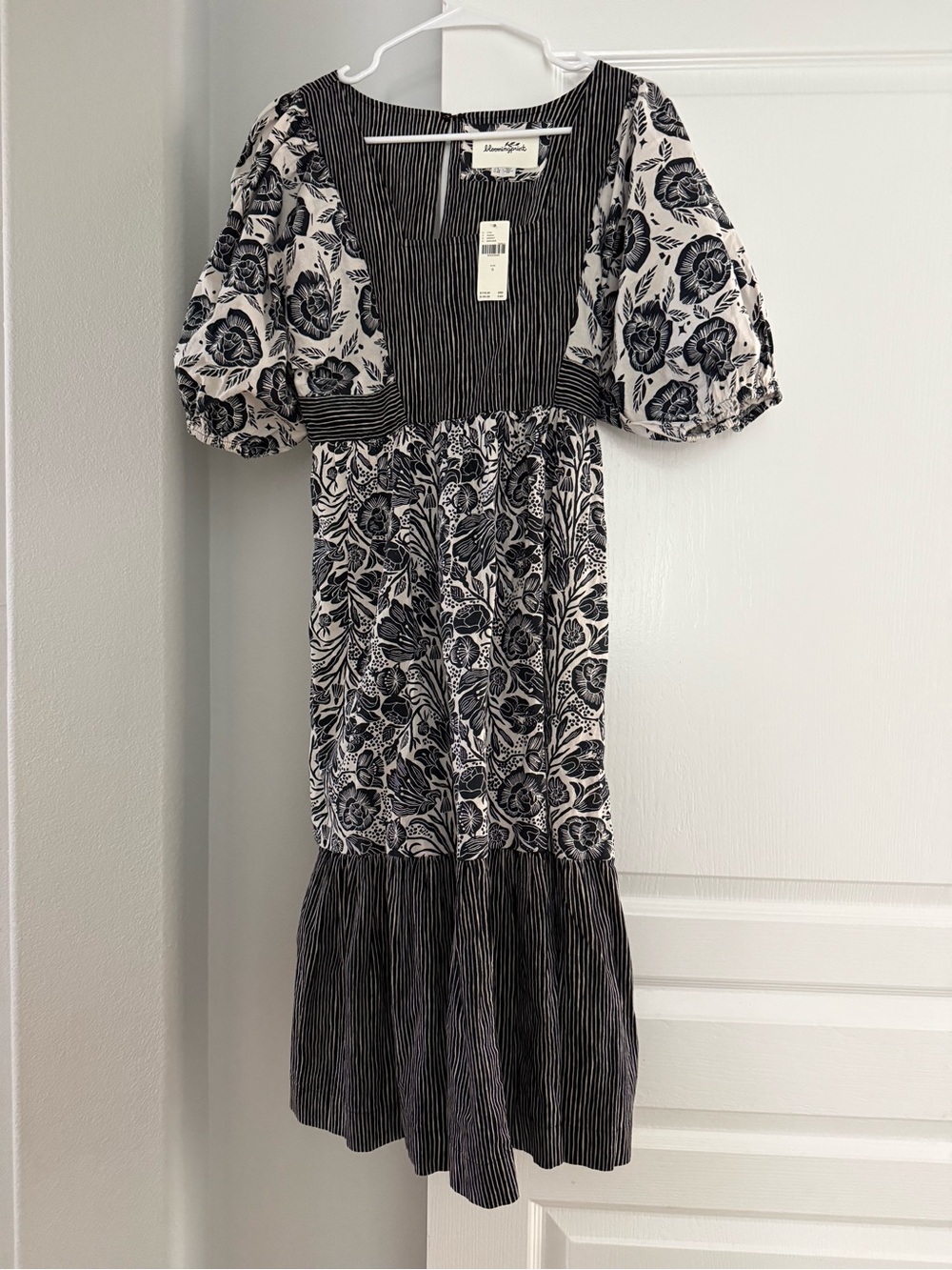 NWT Bloomingprint Black and White Floral-Striped Midi Dress